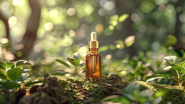 A glass bottle with aromatic oil or serum on nature blur background effect cosmetic products design mockup ,  Concept of beauty