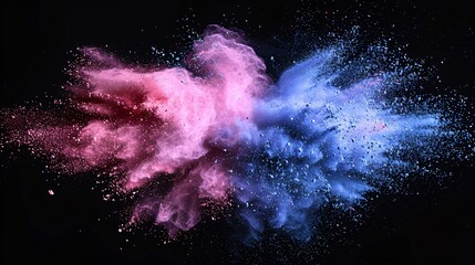 A collision of pink and blue powder on a black background.  