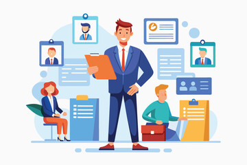 A man in a suit standing in front of numerous icons. AI generated