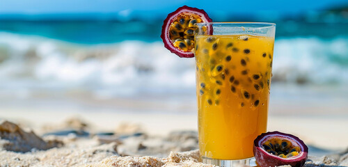 A refreshing glass of passion fruit juice served with a slice of passion fruit, enjoyed on a sandy...