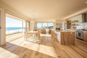 A bright Australian beach house kitchen, featuring light wooden floors, a breezy open-plan layout,...