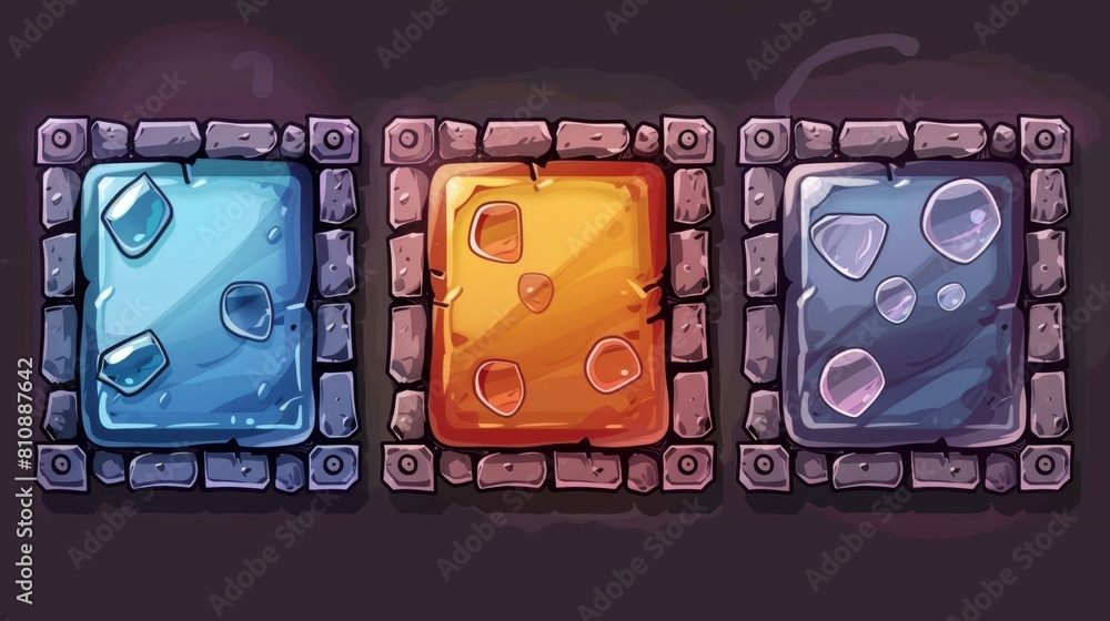 Poster an animated set of play buttons for game menus with frame of rusty iron, jelly with bubbles, stone b
