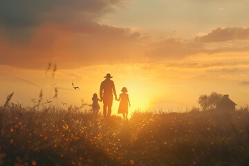 Fototapeta premium Happy family walking to their new house at sunrise, housewarming party