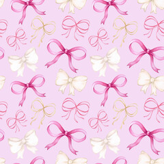 Watercolor seamless pattern with ribbon bows on a white background. Hand drawn print with holiday bows in different colors, gold, pink, white. Design and decoration of wrapping paper, background