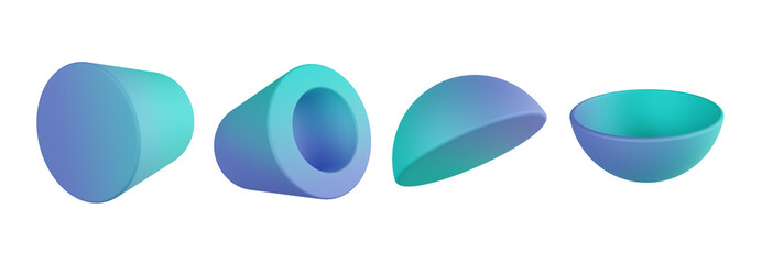 3d cylinder, half sphere. Geometric shapes 3d set. Transparent background