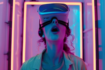 amazed young woman in a VR headset explores the metaverse's virtual space