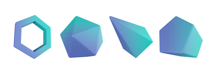 3d honeycomb, icosphere, pentagon pyramid, pentagonal prism. Geometric shapes 3d set. Transparent background