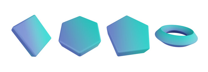 3d prism cuboid, prism hexagonal, prism pentagonal, prism torus. Geometric shapes 3d set. Transparent background