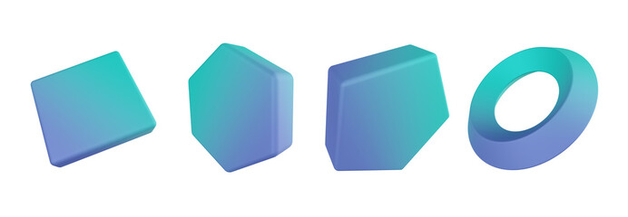 3d prism cuboid, prism hexagonal, prism pentagonal, prism torus. Geometric shapes 3d set. Transparent background