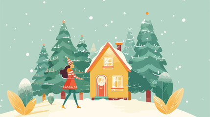 house with pine trees and elf woman walking Vector illustration