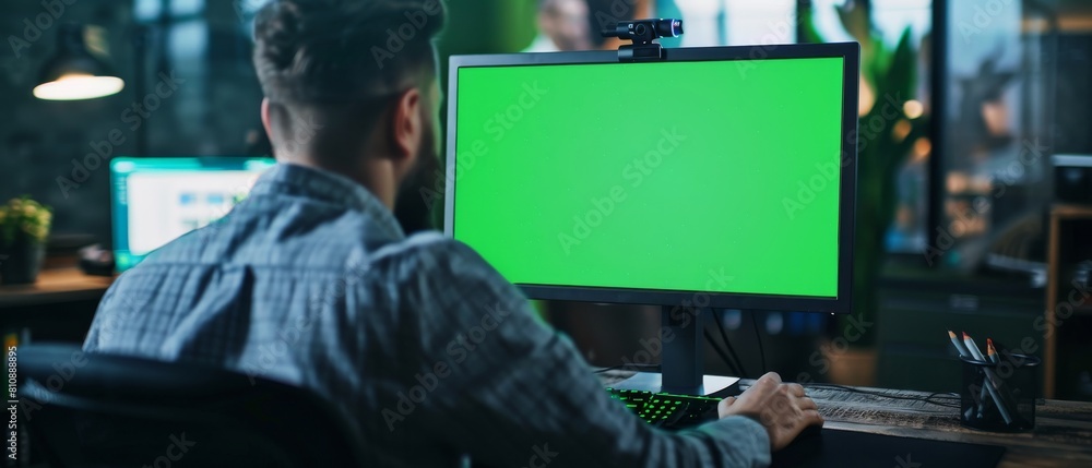 Poster a close up of a male executive director working on a computer with a chroma key green screen mock-up