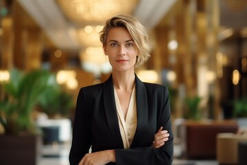 Fototapeta premium Portrait of a glad woman in her 40s dressed in a stylish blazer isolated in luxurious hotel lobby