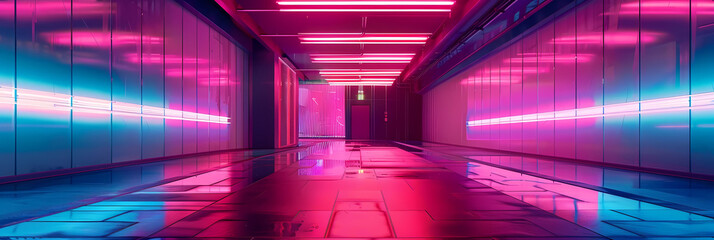 urban neon dreams come to life in this vibrant scene featuring a blue wall, red ceiling, and floor, with a striking red light adding a pop of color