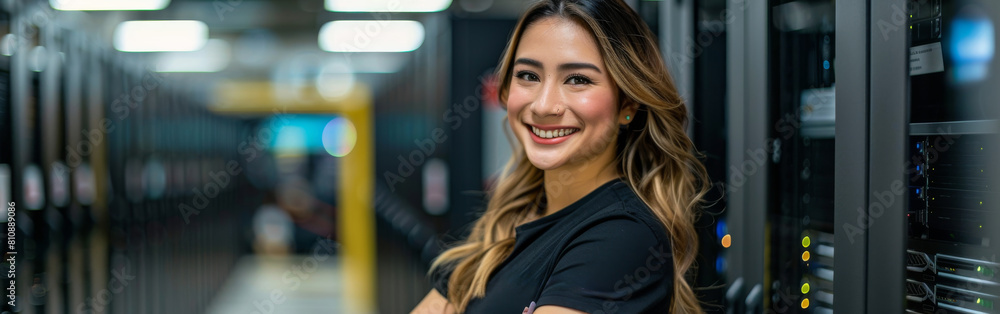 Poster a smiling hispanic woman it worker is standing confidently in front of a row of servers in a server 