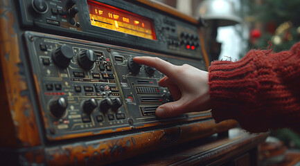 closeup of the hand turning on an old radio, with focus centered around it and the channel shifting button