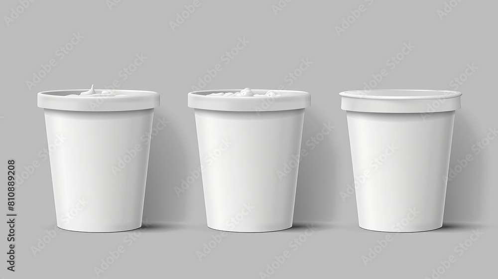 Poster an isolated 3d mock up of a plastic cup with an open cap and yogurt inside. the package contains whi