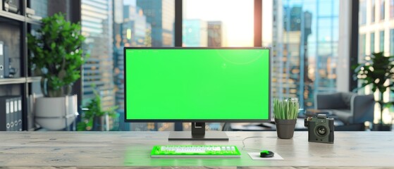 Dedicated Computer Monitor with Green Screen Chroma Key Display on the Desk in the Modern Business Office. In the background, a glass wall in the city.