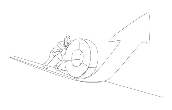 Continuous one line drawing of businessman pushing pie chart upwards along rising arrow, increasing performance or boosting productivity concept, single line art.
