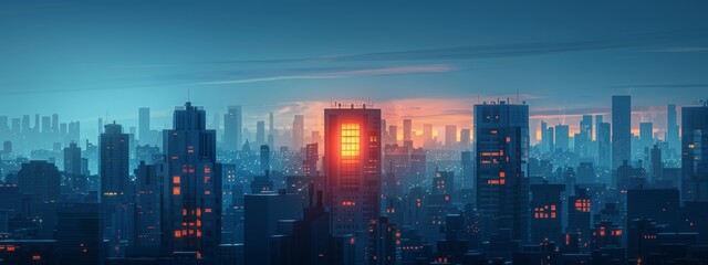 A minimalist city skyline with a single, glowing window in one of the buildings.