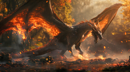 Fantasy scene showing fire dragon in the forest - Powered by Adobe