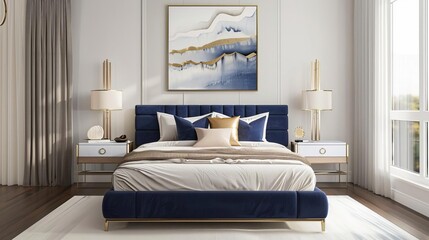 Luxe bedroom with a velvet navy bed, brass lamps, and white curtains Rose gold pillows and hanging art emphasize the balanced Feng Shui