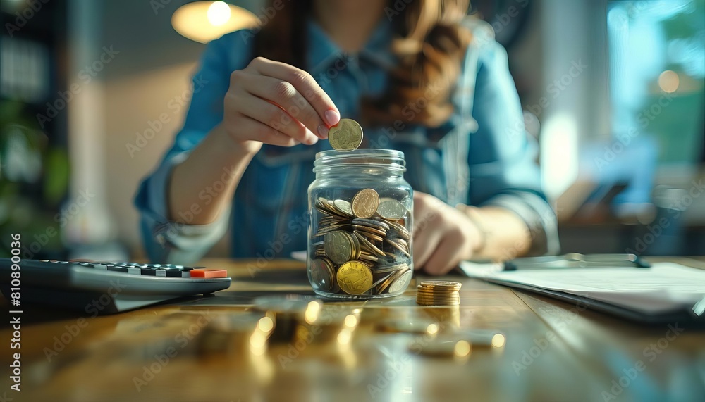 Aufkleber a businesswoman is seen depositing coins into a glass jar, which is situated on an office table clut
