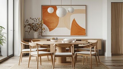 Minimalist dining area with a round oak table, simple chairs, and globe pendant lighting Splashes of orange and neutral art emphasize balance
