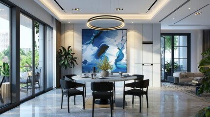 Modern dining area with a round marble table, black chairs, and bold pendant lighting Soft blue art and floorlength windows enhance the vibe