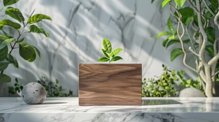 A wooden box with a small plant growing out of it