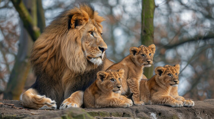 Obraz premium Group of Lions Sitting on Top of a Rock