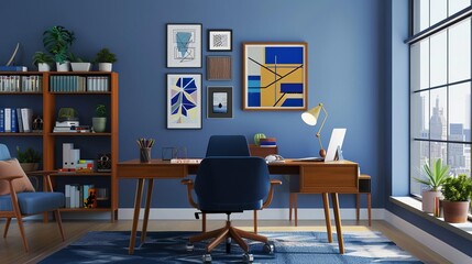 Modern home office with a walnut desk, ergonomic chair, and geometric lamp Bright wall art and plants create a positive, creative environment