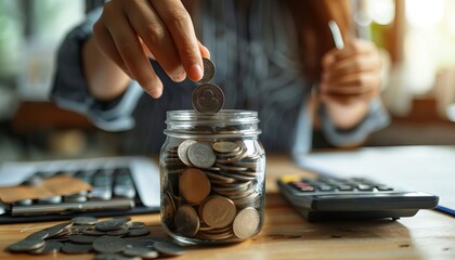 Businesswoman's hand putting coins into a glass jar on a desk in an office, with a calculator and documents nearby The business woman is working out the concept of money