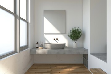 A modern bathroom with white walls, a grey sink and concrete countertop
