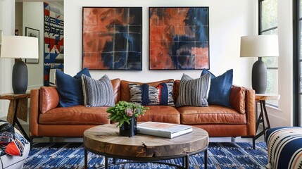 Rusticchic living room with a leather couch, walnut table, and bold wall art Navy pillows and geometric lamps balance the inviting palette