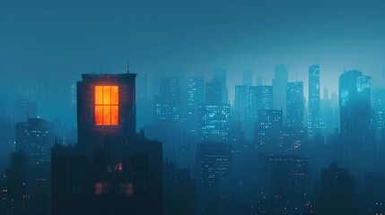 A minimalist city skyline with a single, glowing window in one of the buildings.