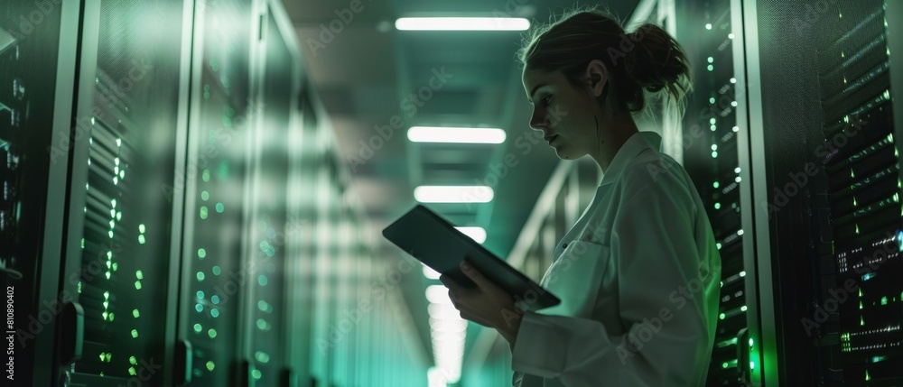 Poster a woman it technician performs maintenance on a tablet computer in a big data center at night. she r