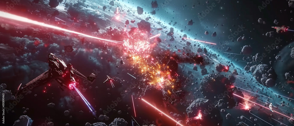 Wall mural intense intergalactic war unfolds with laser beams and fiery explosions lighting up the cosmos.