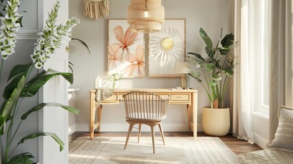 Tranquil office space with a pine desk, midcentury chair, and hanging lamp Art in pastel hues and delicate plants create a soothing atmosphere