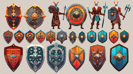 Viking game character and different shields. Viking warrior with helmet and sword. Modern illustration of a strong barbarian with armor and wooden and metal shields. - obrazy, fototapety, plakaty