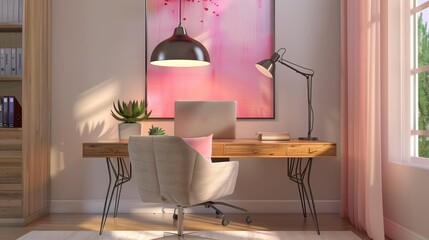 Contemporary home office with a walnut desk, ergonomic chair, and a hanging lamp Light pink pillows and art inspire creativity and harmony