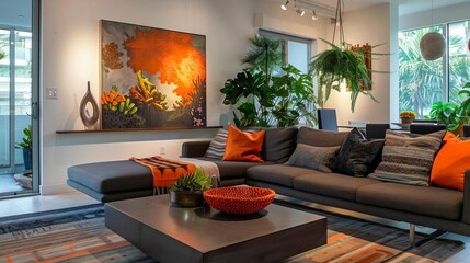 Contemporary living room with a charcoal gray sectional, sleek coffee table, and wall art Splashes of coral and hanging plants add vibrancy