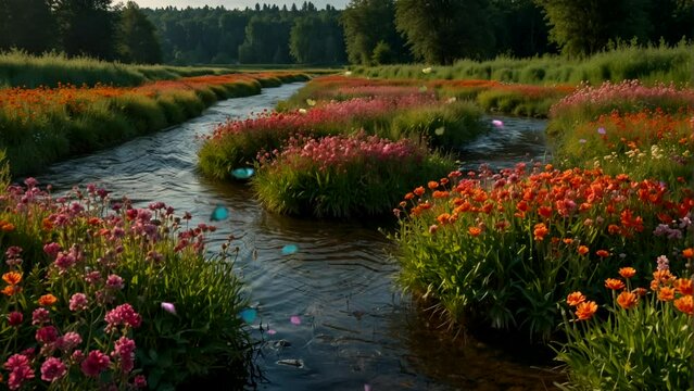 The view of the river flowing serenely amongst the beautiful flowers,  Seamless looping 4k time-lapse animation video background