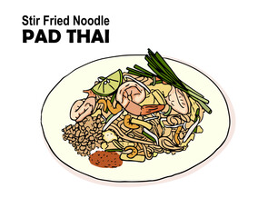 Stir fried noodle (Pad Thai) on white background. Hand draw style vector illustration.