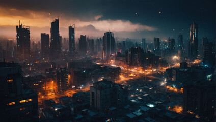 Dystopian Future, Futuristic cityscape with a dark, post-apocalyptic tone.