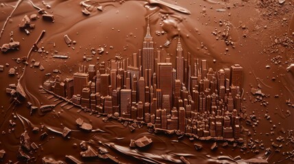 Chocolate city with skyscrapers. Town made of chocolate. Sweet urbanism