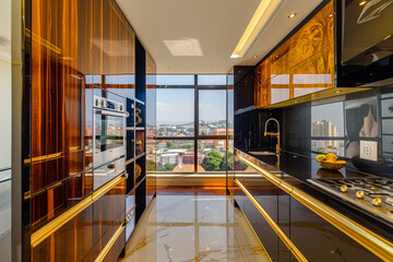 Naklejka premium A chic Johannesburg apartment kitchen, with African mahogany cabinets, a sleek gold and black color scheme, modern art from local artists, and a view of the bustling city below.
