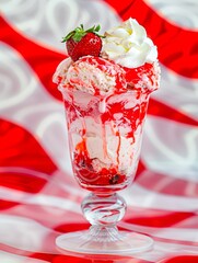 A dessert with strawberries and whipped cream. - obrazy, fototapety, plakaty