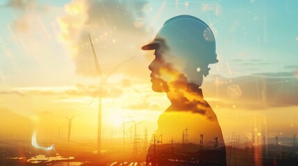 The silhouette of a person wearing a hard hat is superimposed over an image of a wind farm. - obrazy, fototapety, plakaty