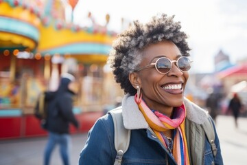 Portrait of a joyful afro-american woman in her 60s donning a durable down jacket isolated in vibrant amusement park