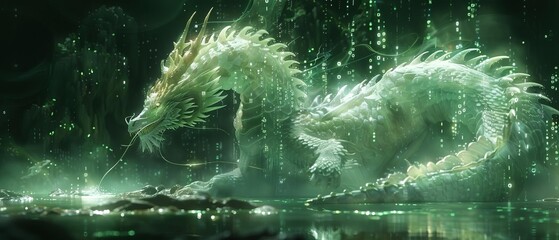 Illustrate a sleek dragon winding through a labyrinth of holographic data streams, its iridescent scales reflecting binary code in a moonlit digital forest - obrazy, fototapety, plakaty